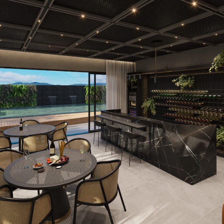Área de festa com piscina a vista, bar, cadeiras e mesas com aperitivos do empreendimento Downtown Boulevard da STV Construções