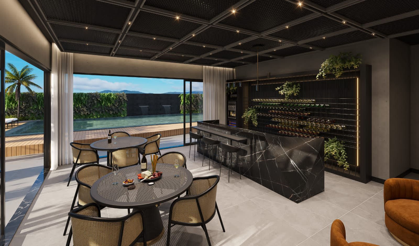 Área de festa com piscina a vista, bar, cadeiras e mesas com aperitivos do empreendimento Downtown Boulevard da STV Construções