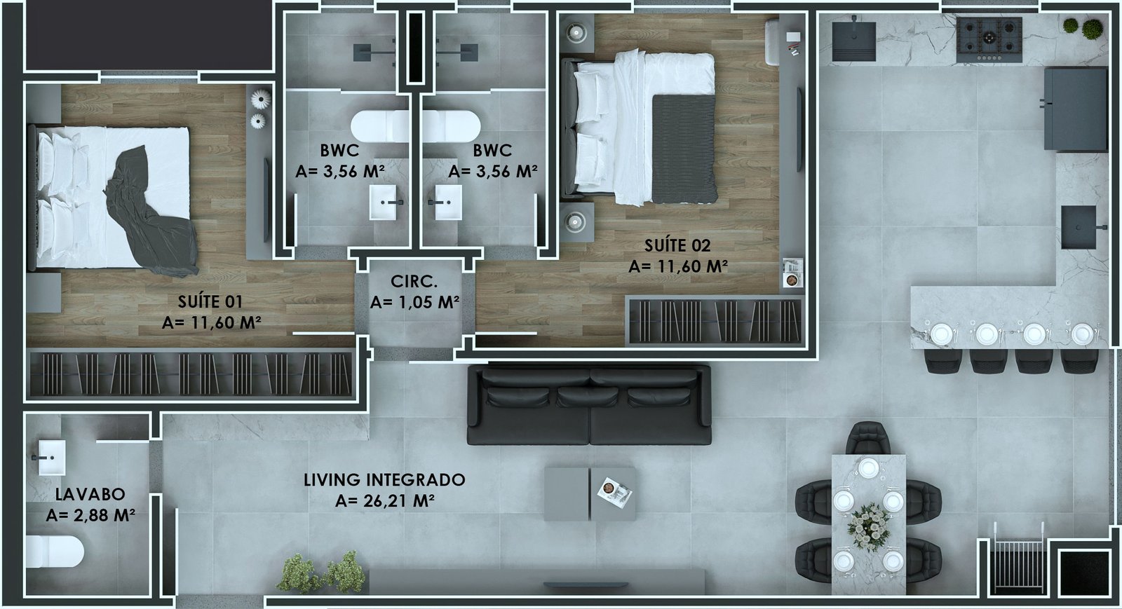 planta moderna do empreendimento downtown boulevard da construtora STV Construções