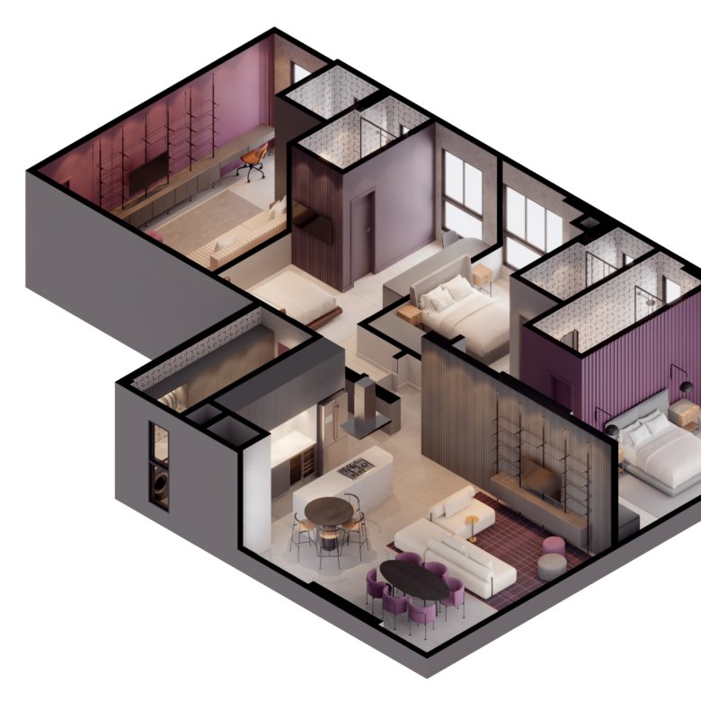 Outro apartamento do Edíficio Plural da Sunprime Empreendimentos, mostrando um quarto mais grande com sala, cozinha, mesas, camas, quartos, banheiros, suítes