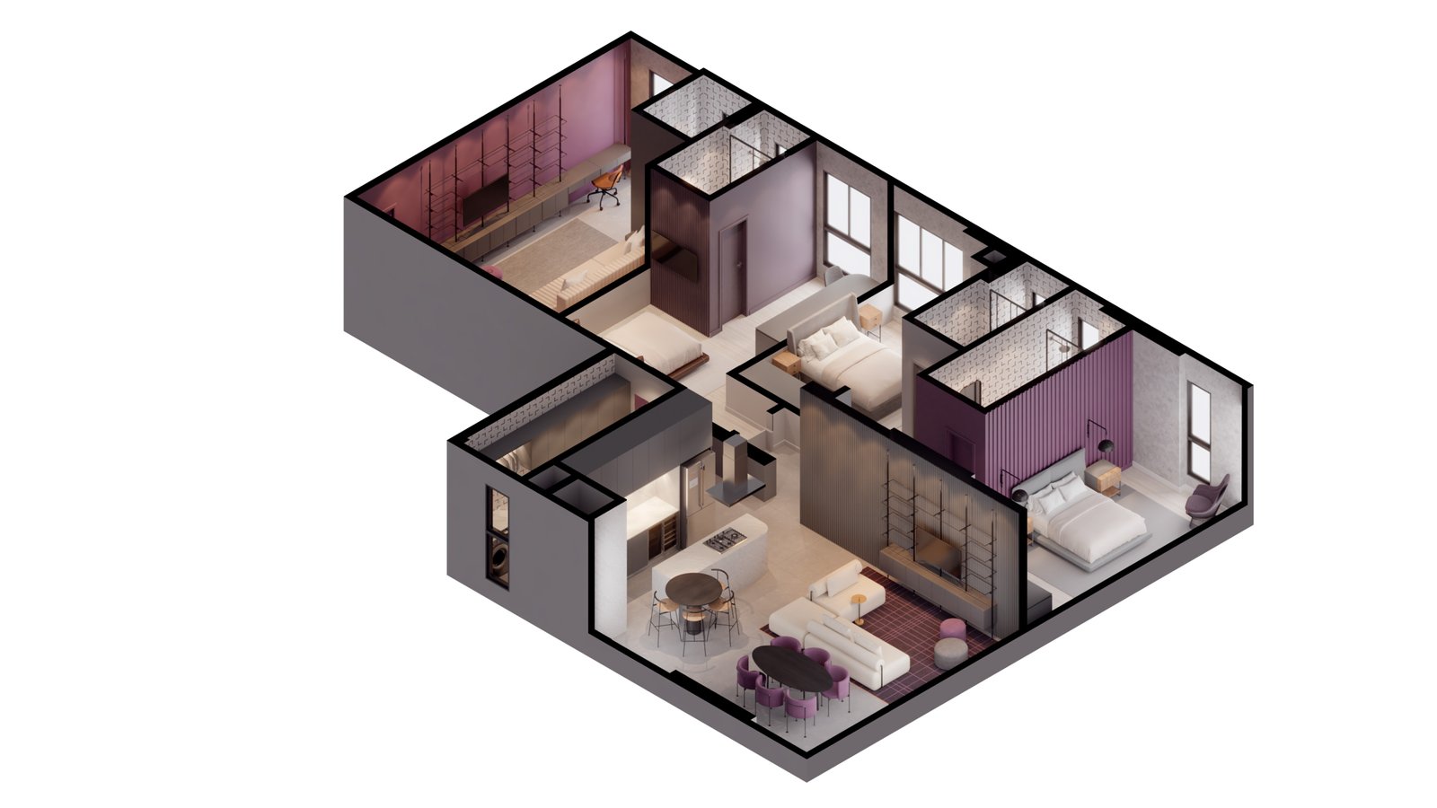 Outro apartamento do Edíficio Plural da Sunprime Empreendimentos, mostrando um quarto mais grande com sala, cozinha, mesas, camas, quartos, banheiros, suítes