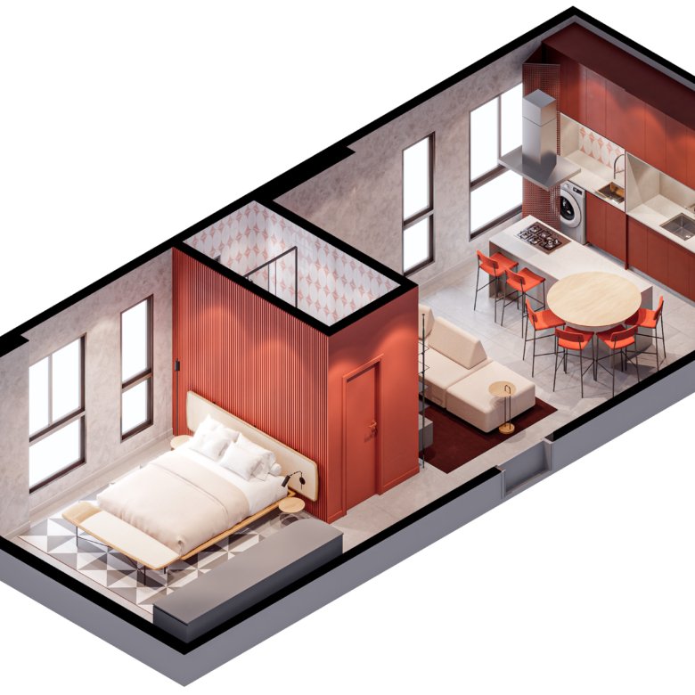 Planta mostrando o apartamento interno, comodos, sala, cozinha, cama, quarto, banheiro do empreendimento Plural da Sunprime Empreendimentos