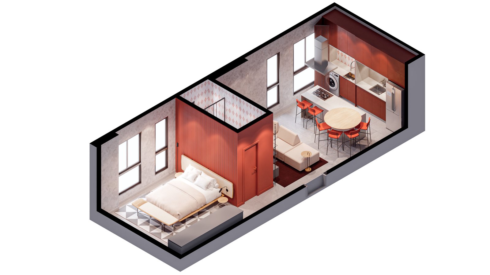 Planta mostrando o apartamento interno, comodos, sala, cozinha, cama, quarto, banheiro do empreendimento Plural da Sunprime Empreendimentos