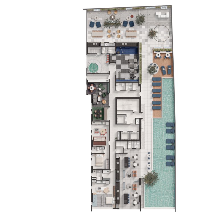 Planta detalhada, mostrando diversas partes da área de lazer do empreendimento Plural da Sunprime Empreendimentos