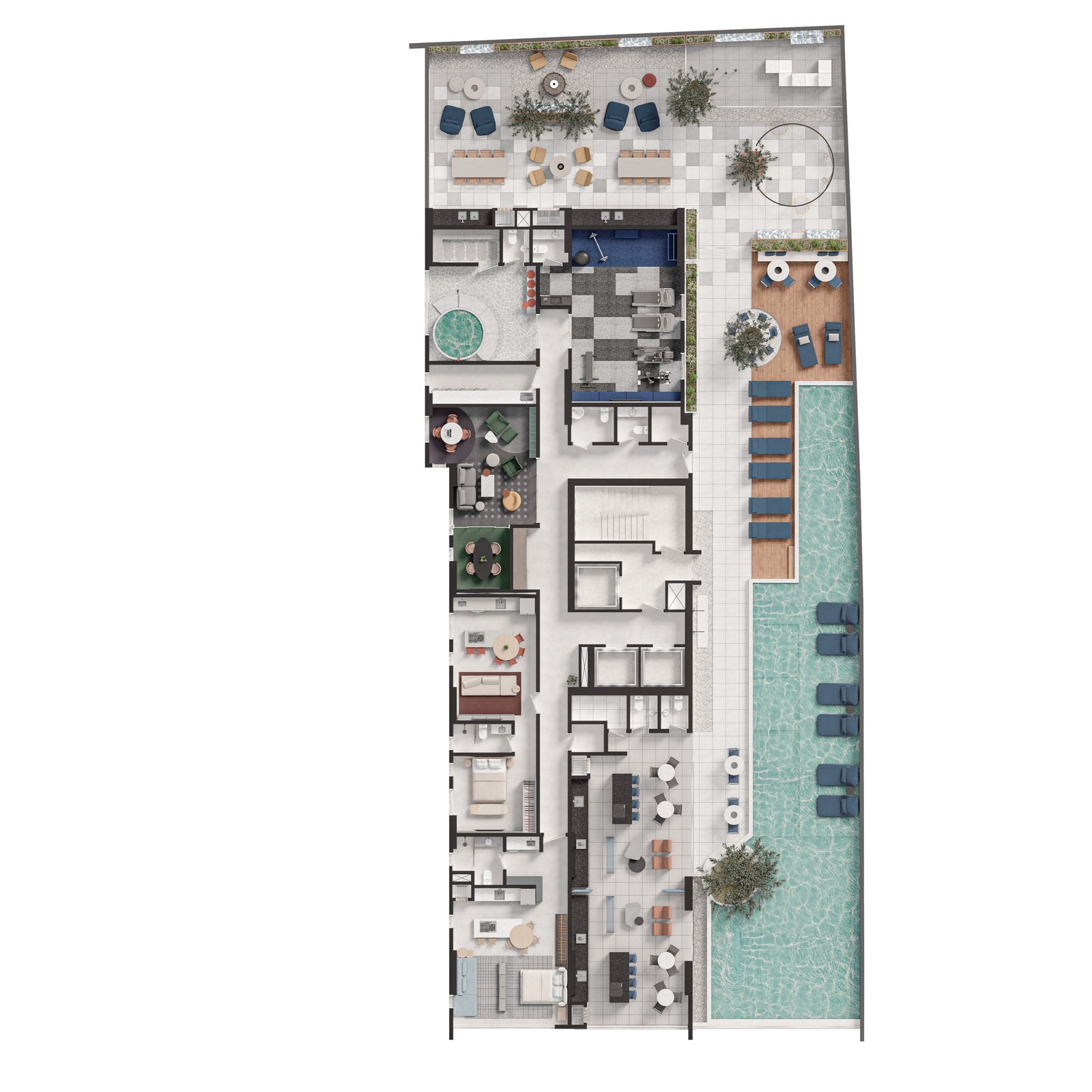 Planta detalhada, mostrando diversas partes da área de lazer do empreendimento Plural da Sunprime Empreendimentos