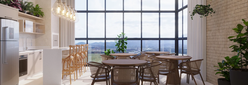Interior do apartamento no Ruah Park, com cozinha moderna, cadeiras ao redor da bancada e vista panorâmica através da ampla janela.
