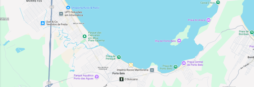 Mapa de Porto Belo destacando sua localização estratégica no litoral catarinense, um dos destinos mais procurados por turistas e investidores.