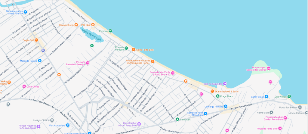 Mapa de Porto Belo destacando sua localização estratégica no litoral catarinense, um dos destinos mais procurados por turistas e investidores.