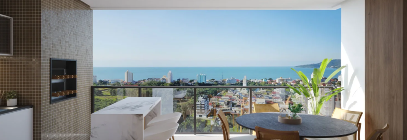 Sacada de apartamento no Porto Bello Home Club, em Porto Belo (SC), com vista privilegiada para o litoral e acabamento moderno.